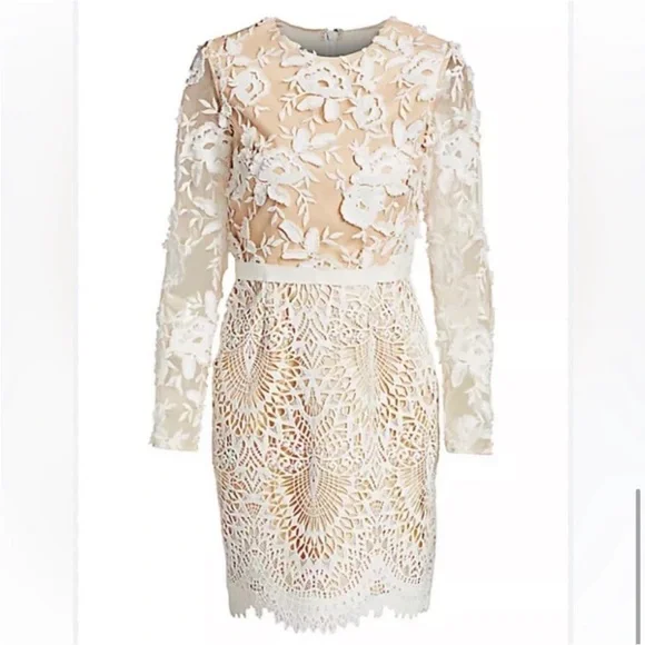 ML Monique Lhuillier White & Beige nude Lacey Cocktail formal Dress xs 3D Sz 2 - Picture 11 of 17